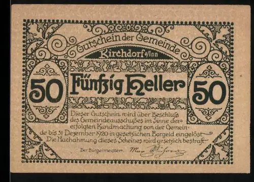 Notgeld Kirchdorf a. Inn 1920, 50 Heller, Gebäude und dekoratives Muster