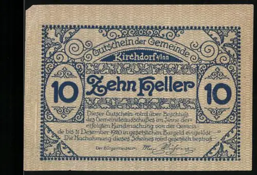 Notgeld Kirchdorf a. Inn 1920, 10 Heller, Kirche und Ortsansicht