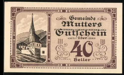 Notgeld Mutters 1920, 40 Heller, Kirche mit Berglandschaft