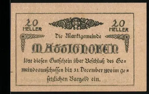 Notgeld Mattighofen 1920, 20 Heller, Wappen und Ortsansicht