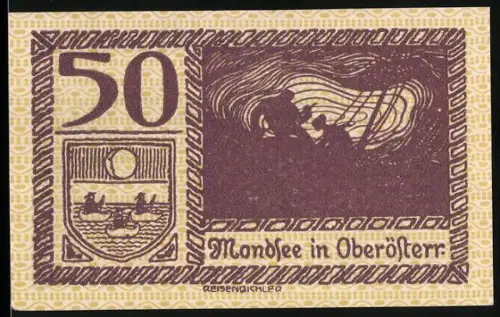 Notgeld Mondsee in Oberösterr., 50 Heller, Landschaft mit Gebäuden und stilisierte Szene mit Figuren