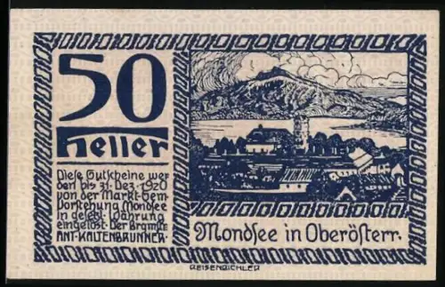 Notgeld Mondsee in Oberösterr. 1920, 50 Heller, Landschaftspanorama und Wappen