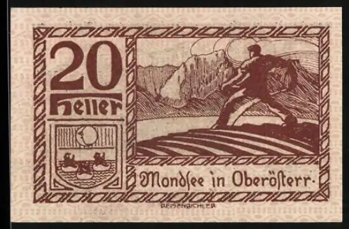 Notgeld Mondsee in Oberösterr., 20 Heller, Mann mit Landschaft und Bergszene