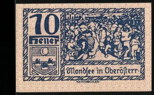 Notgeld Mondsee in Oberösterr., 10 Heller, Menschenmenge und Szenen aus dem Landleben, Wappen