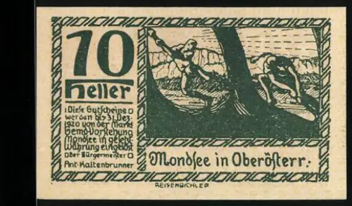 Notgeld Mondsee in Oberösterr. 1920, 10 Heller, Holzfäller und historische Szene, Wappen