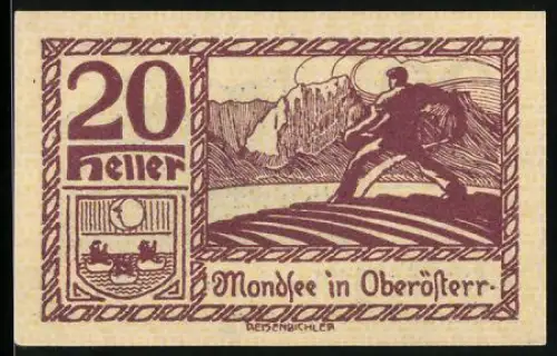 Notgeld Mondsee in Oberösterr., 20 Heller, Bauer und Landschaftsmotiv