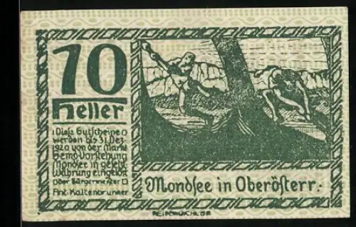 Notgeld Mondsee in Oberösterr. 1920, 70 Heller, Waldarbeiter und Menschenmenge mit Wappen