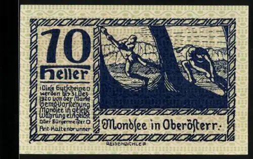 Notgeld Mondsee in Oberösterr. 1920, 10 Heller, Holzfäller und Menschenmenge mit Wappen