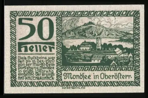 Notgeld Mondsee in Oberösterr. 1920, 50 Heller, Landschaft mit See und Bergen, Wappen