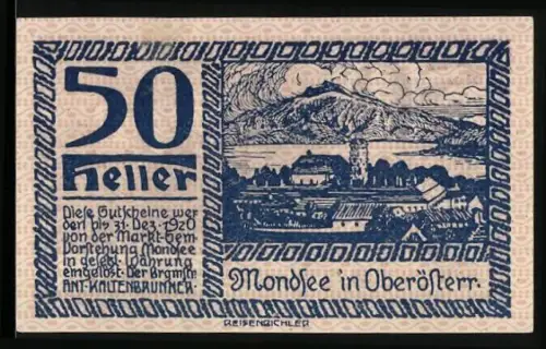 Notgeld Mondsee in Oberösterr. 1920, 50 Heller, Ortsansicht und Fischer im Sturm