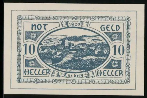 Notgeld Lasberg 1920, 10 Heller, Landschaftsansicht mit Ortsansicht im Hintergrund