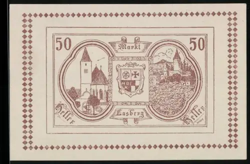 Notgeld Lasberg 1920, 50 Heller, Wappen und Kirchenansicht