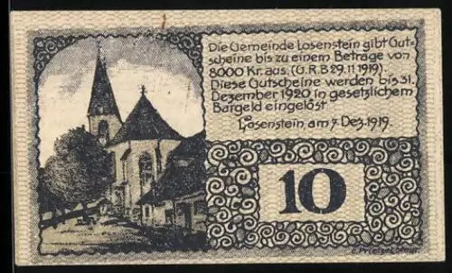 Notgeld Losenstein 1919, 10 Heller, Kirche und Ortsansicht