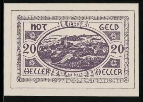 Notgeld Lasberg 1920, 20 Heller, Ortsansicht mit Kirche und Landschaft