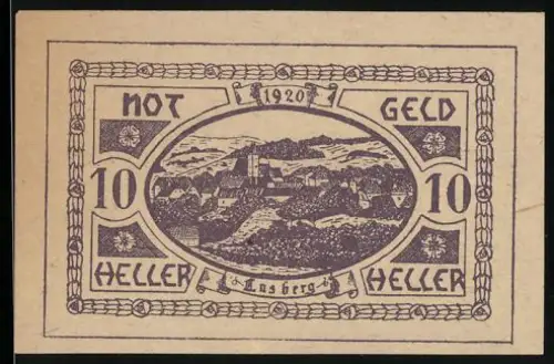 Notgeld Lasberg 1920, 10 Heller, ländliche Landschaft mit Ortsansicht und Hügeln