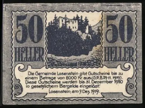 Notgeld Losenstein 1919, 50 Heller, Burgruine Losenstein im Waldstück