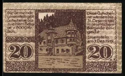 Notgeld Losenstein 1919, 20 Heller, Gebäude mit Türmen und Wald im Hintergrund