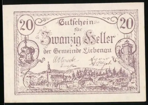 Notgeld Liebenau 1920, 20 Heller, Ortsansicht mit Türmen und Wappen
