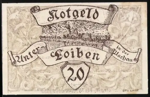 Notgeld Unter-Loiben 1920, 20 Heller, Landschaftsansicht und dekorative Schriftrolle