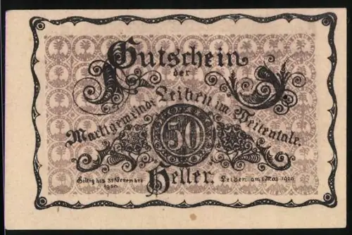 Notgeld Leiben im Weitentale 1920, 50 Heller, Schloss Leiben