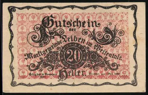 Notgeld Leiben im Weitentale 1920, 20 Heller, Schloss Leiben