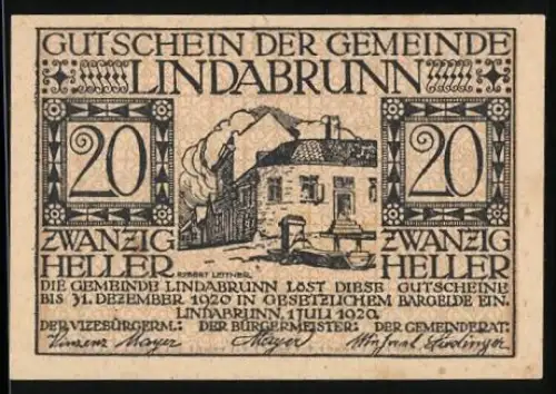 Notgeld Lindabrunn 1920, 20 Heller, Gebäude mit Schornstein