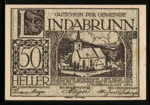 Notgeld Lindabrunn 1920, 50 Heller, Kirche und Landschaftsmotiv