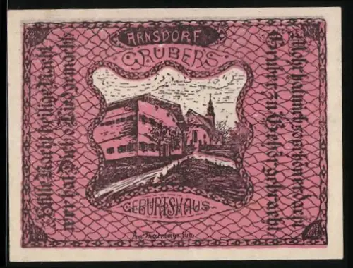 Notgeld Arnsdorf 1920, 50 Heller, Grubers Geburtshaus, Kirche