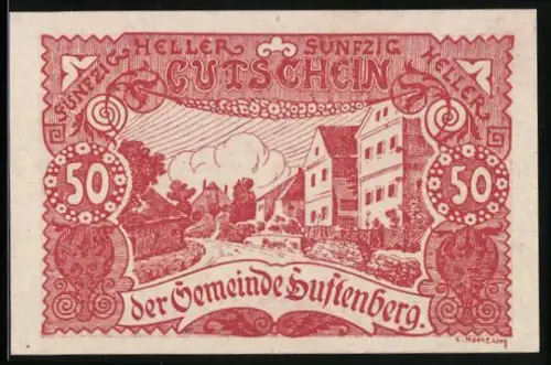 Notgeld Luftenberg 1920, 50 Heller, Ortspartie mit Gebäuden und Bäumen