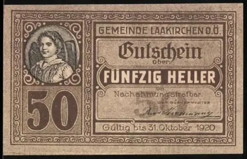 Notgeld Laakirchen /O.Ö. 1920, 50 Heller, Porträt eines Mädchens und Kirche mit Bergen im Hintergrund