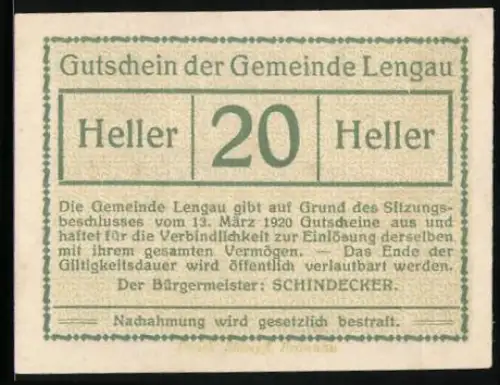 Notgeld Lengau 1920, 20 Heller, Schloss Fryburg, Landschaftsansicht