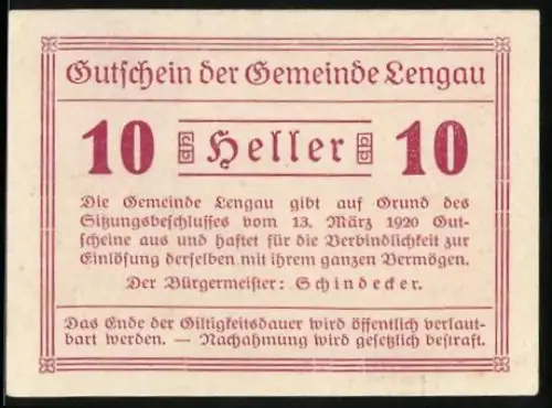 Notgeld Lengau 1920, 10 Heller, Ansicht mit Schloss und Wappen