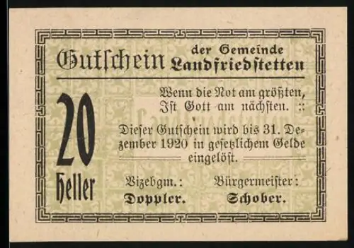 Notgeld Landfriedstetten 1920, 20 Heller, Spruch Wenn die Not am grössten, ist Gott am nächsten