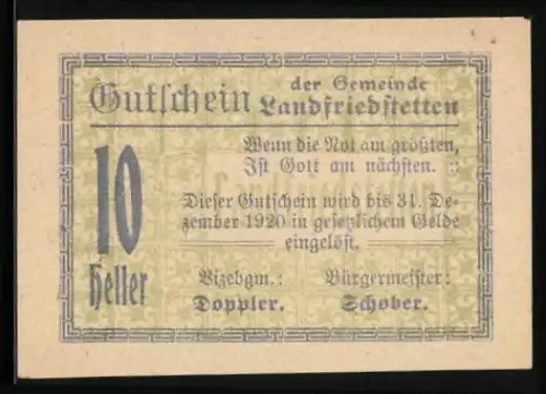 Notgeld Landfriedstetten 1920, 10 Heller, Spruch über Gottvertrauen
