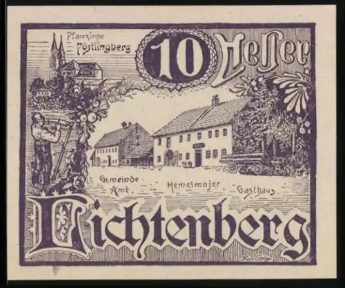 Notgeld Lichtenberg bei Linz 1920, 10 Heller, Pfarrkirche und Gasthaus mit Landschaftsmotiv