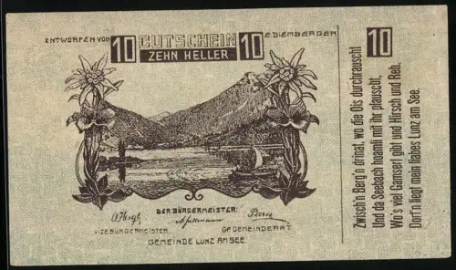 Notgeld Lunz am See 1920, 10 Heller, Gebirgslandschaft mit Edelweiss und Segelboot auf See