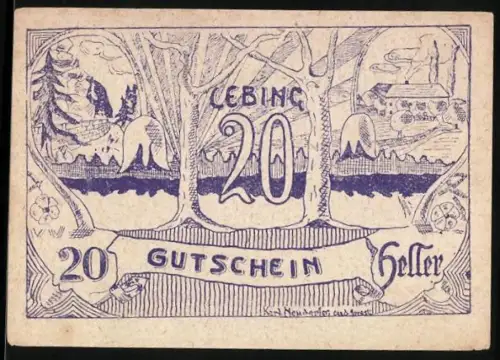 Notgeld Lebing /Perg 1920, 20 Heller, Waldlandschaft und Gebäude im Hintergrund