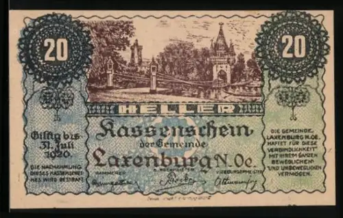 Notgeld Laxenburg /N.Ö. 1920, 20 Heller, Schlosspark mit Tor und Brücke im Hintergrund