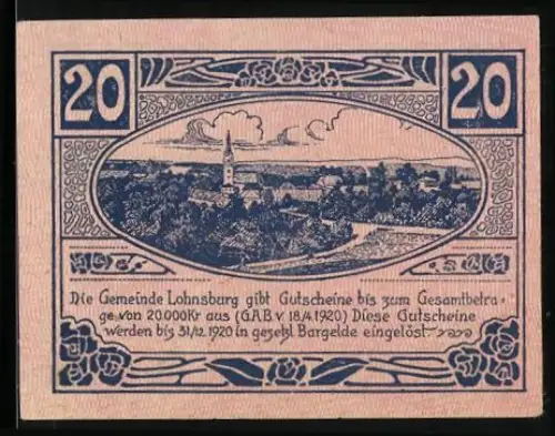 Notgeld Lohnsburg 1920, 20 Heller, Ortsansicht mit Kirche
