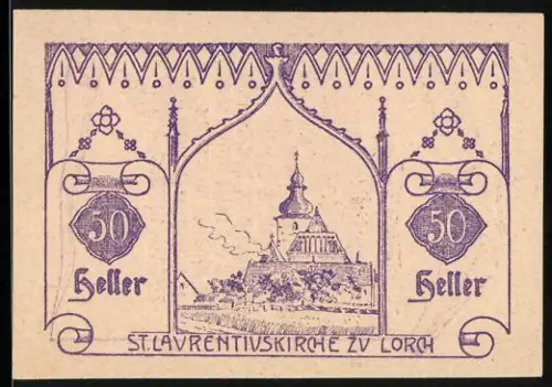 Notgeld Lorch 1920, 50 Heller, St. Laurentiuskirche und Schriftrolle
