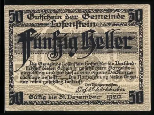 Notgeld Losenstein 1920, 50 Heller, Burgmotiv mit dekorativem Schriftzug