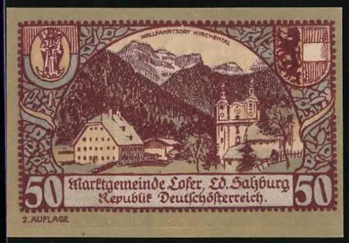 Notgeld Lofer i. Salzburg 1921, 50 Heller, Kirche und Berglandschaft, Klammansichten