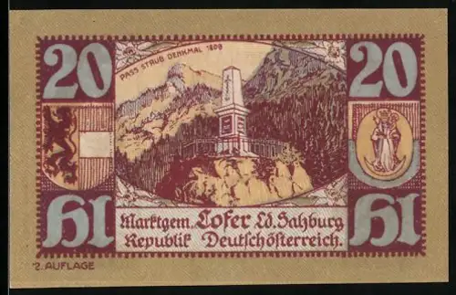 Notgeld Lofer /Salzburg 1921, 20 Heller, Pass Strub Denkmal und Trachtenpaar