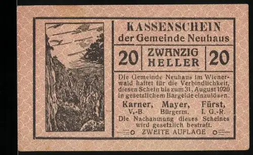 Notgeld Neuhaus, 20 Heller, Landschaft mit Bäumen und Felsen im Wienerwald