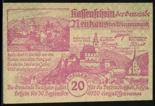 Notgeld Neuhaus im Wienerwald 1920, 20 Heller, Burgansicht