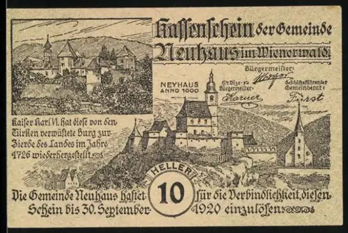 Notgeld Neuhaus im Wienerwald 1920, 10 Heller, Burgen und historische Ansichten