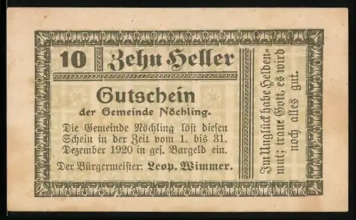 Notgeld Nöchling 1920, 10 Heller, Text mit Zierumrandung und Spruchband