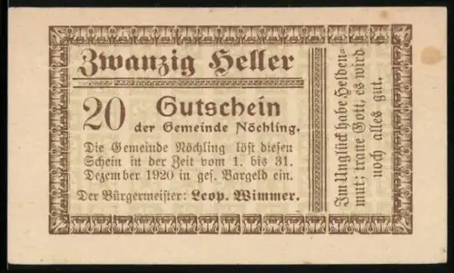 Notgeld Nöchling 1920, 20 Heller, Dekorativer Rahmen und Spruch
