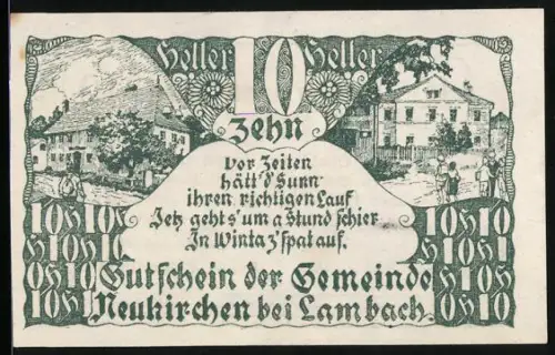 Notgeld Neukirchen bei Lambach 1920, 10 Heller, ländliche Szene mit Gebäuden und Personen