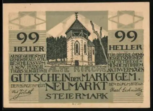 Notgeld Neumarkt /Steiermark 1921, 99 Heller, Alte Kirche und Turm